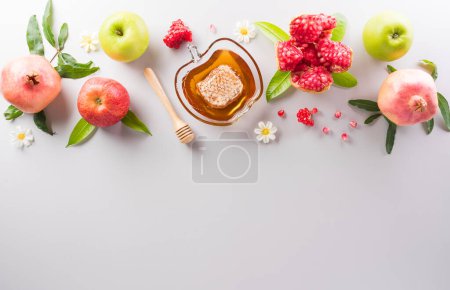 Rosh hashanah (Jewish New Year holiday), Concept of traditional or religion symbols on pastel background.