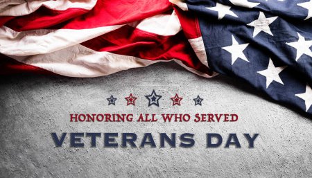 Photo for Happy Veterans day concept made from American flag and the text on dark stone background. - Royalty Free Image