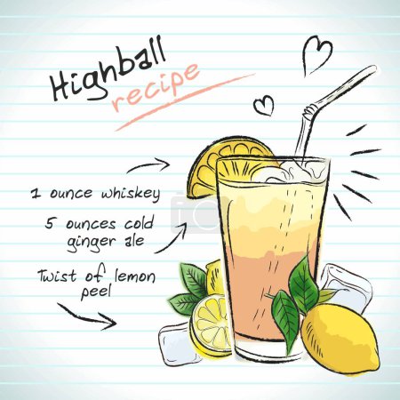 Highball-Cocktail, Vektorskizze, handgezeichnete Illustration, frisches alkoholisches Sommergetränk mit Rezept und Früchten