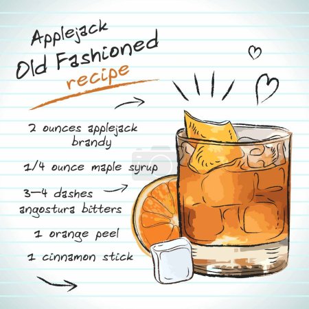 Téléchargez les photos : Applejack Old Fashioned cocktail, croquis vectoriel illustration dessinée à la main, boisson alcoolisée fraîche d'été avec recette et fruits - en image libre de droit