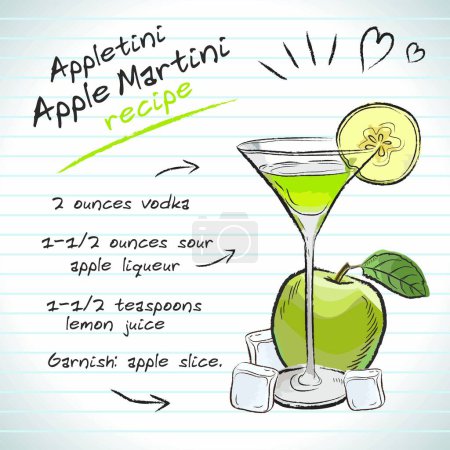 Illustration for Apple Martini cocktail, vector sketch hand drawn illustration, fresh summer alcoholic drink with recipe and fruits - Royalty Free Image