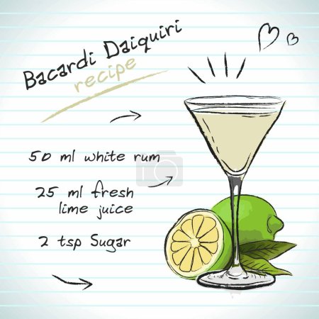 Illustration for Bacardi Daiquiri cocktail, vector sketch hand drawn illustration, fresh summer alcoholic drink with recipe and fruits - Royalty Free Image