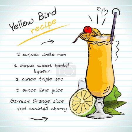 Illustration for Yellow Bird cocktail, vector sketch hand drawn illustration, fresh summer alcoholic drink with recipe and fruits - Royalty Free Image