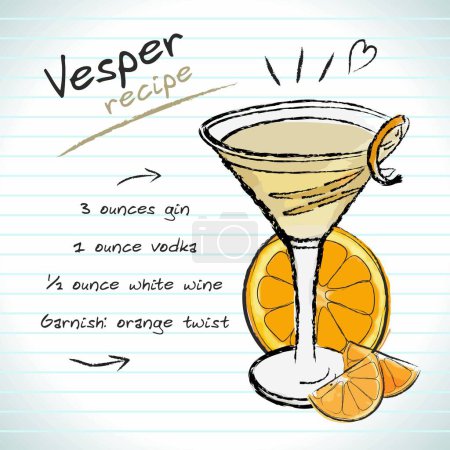 Illustration for Vesper cocktail, vector sketch hand drawn illustration, fresh summer alcoholic drink with recipe and fruits - Royalty Free Image