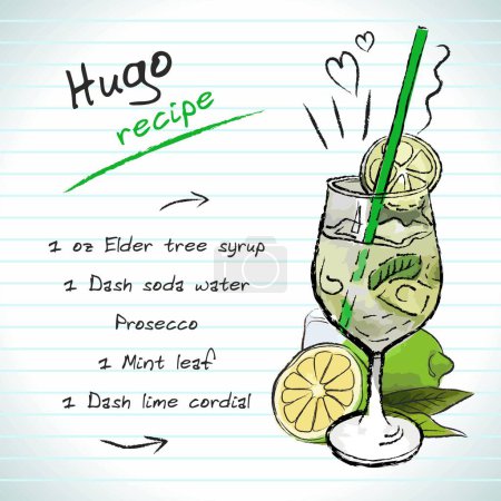 Ilustración de Cóctel Hugo, dibujo vectorial ilustración dibujada a mano, bebida alcohólica fresca de verano con receta y frutas - Imagen libre de derechos