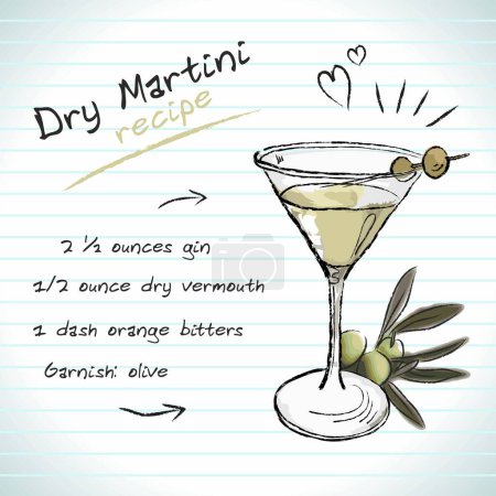 Cocktail Martini sec, croquis vectoriel illustration dessinée à la main, boisson alcoolisée fraîche d'été avec recette et fruits