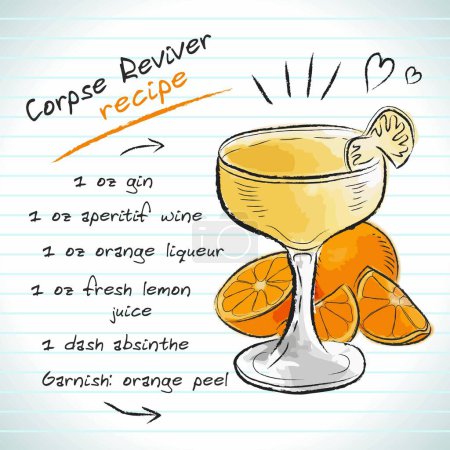 Ilustración de Cóctel Cadáver Reviver, dibujo vectorial ilustración dibujada a mano, bebida alcohólica fresca de verano con receta y frutas - Imagen libre de derechos