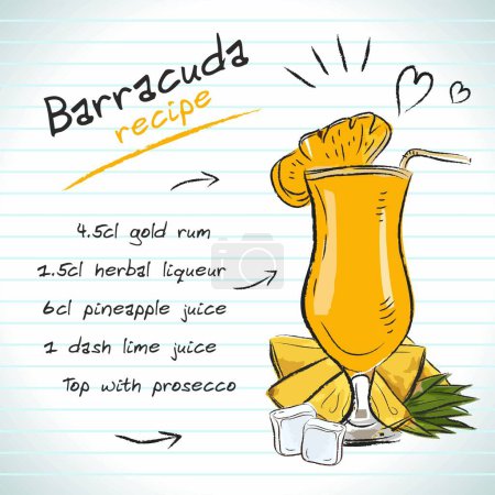 Téléchargez les illustrations : Cocktail Barracuda, croquis vectoriel illustration dessinée à la main, boisson alcoolisée fraîche d'été avec recette et fruits - en licence libre de droit