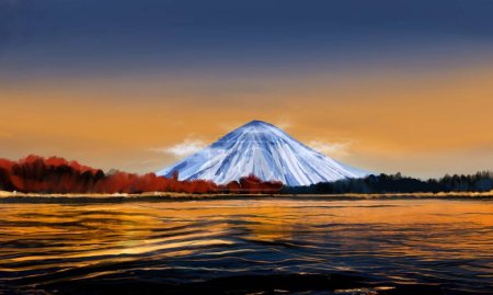 Photo for Digital paint illustration of mount fuji with lake, hand drawn with brush stroke texture - Royalty Free Image