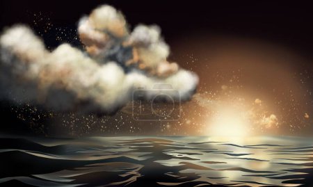 Photo for Digital paint illustration of fantasy theme of landscape of calm ocean with cloud and sparkle of light - Royalty Free Image