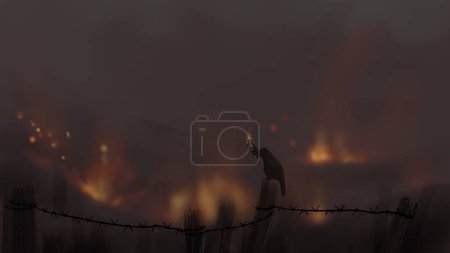 Photo for "Burning peace" Digital paint illustration of burning ground represent war and the battlefield with silhouette pigeon bird with olive leaf that is burning . - Royalty Free Image