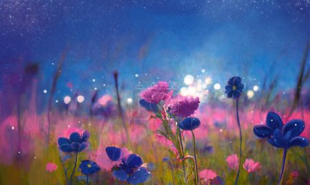 Photo for Digital hand drawn of pink and blue flower meadow with light bokeh background in magical fantasy atmosphere - Royalty Free Image