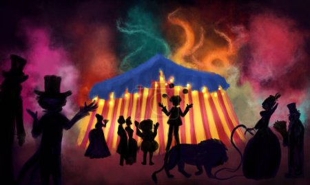 Photo for Circus.  Digital hand drawn of circus tent with silhouette shadow of people and performer with color smoke cloud - Royalty Free Image