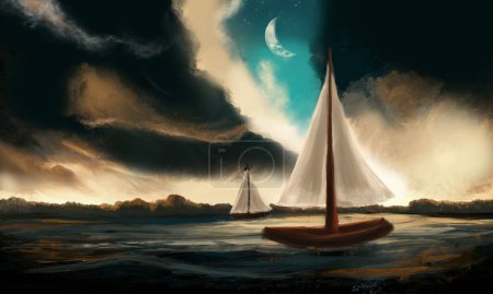Photo for Above The Cloud. Digital hand drawn illustration of seascape of boat under storm cloud and crescent moon shine above the sky. - Royalty Free Image