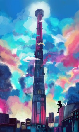 Photo for Freedom In Your Heart. Digital hand drawn illustration of big tower with rainbow gradient sky at dusk. - Royalty Free Image