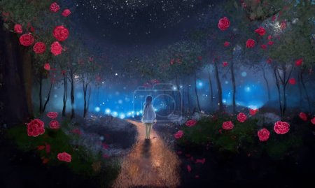 Photo for Secret Passage 1 . Digital hand drawn illustration of woman in white dress walk on rose passage with magical moment. - Royalty Free Image