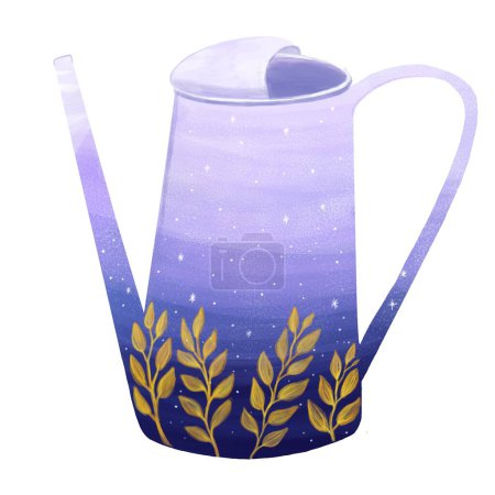 Photo for Digital hand drawn illustration of watering can with gold leaf pattern isolated on white background - Royalty Free Image