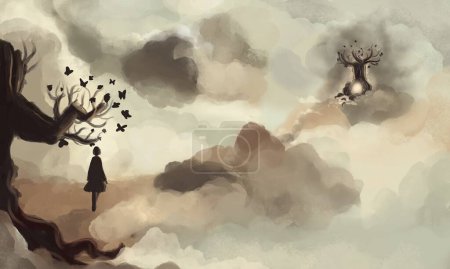Photo for Journey of Soul. Digital hand painted of heavenly scene , silhouette of a woman walking on cloud to the light at the tree - Royalty Free Image