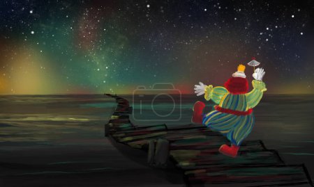 Photo for " Humorous way of life" Digital paint illustration of the clown waking on the wooden path way far away to the edge of unknown horizon - Royalty Free Image
