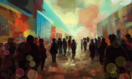 Photo for Digital hand drawn of silhouette crowd of people against the light at dusk or dawn  with bokeh and brush stroke pattern - Royalty Free Image