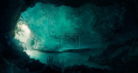Foto de Beautiful ice cave background with a man (explorer) discovering the cave. - Imagen libre de derechos