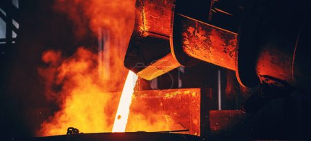 Photo for Metal casting process. Furnace in Steel Mill metallurgical factory. Horizontal banner photo. - Royalty Free Image