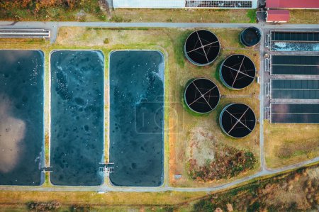 Photo for Sewage, sewerage and wastewater treatment plant, aerial view from drone. - Royalty Free Image