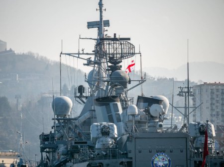 Photo for Detailed view of Georgian Flag on Turkish Navy warship superstructure featuring radar equipment and antennas - Batumi, Georgia - 05 March 2024. - Royalty Free Image