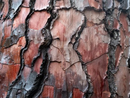 Weitwinkelaufnahme der komplizierten Baumrindenstruktur mit lebhaften Rottönen und geschwärzten Spalten, natürliches abstraktes Muster ideal für Hintergründe und Umweltthemen. 