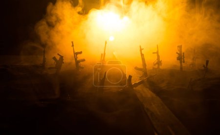 Photo for Creative artwork decoration - Russian war in Ukraine concept. Road and giant weapons with giant explosion of nuclear bomb. Selective focus - Royalty Free Image