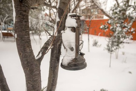 Foto de Lantern hanging on a tree in the woods. Snow in the garden with orange wall. Winter, cold, lantern off - Imagen libre de derechos