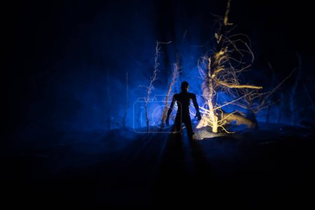 Foto de Silueta de persona de pie en el bosque oscuro. Concepto de Halloween de horror. extraña silueta en un oscuro bosque espeluznante por la noche - Imagen libre de derechos