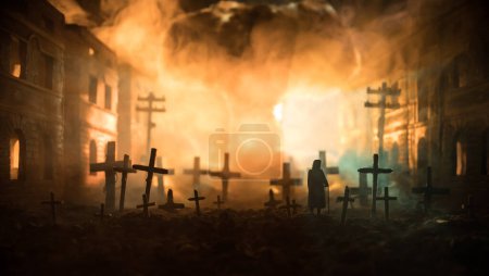 Photo for Nuclear war apocalypse concept. Explosion of nuclear bomb in city. Cemetery on ruined city street. Creative artwork decoration in dark. Selective focus - Royalty Free Image
