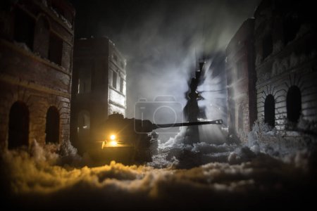 Photo for War apocalypse concept. Snow covered ruined city destroyed by war. Creative artwork decoration in dark. Selective focus - Royalty Free Image