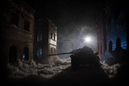 Foto de War apocalypse concept. Snow covered ruined city destroyed by war. Creative artwork decoration in dark. Selective focus - Imagen libre de derechos