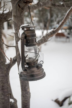 Foto de Lantern hanging on a tree in the woods. Snow in the garden with orange wall. Winter, cold, lantern off - Imagen libre de derechos