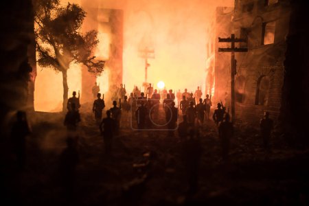 Photo for War Concept. Military silhouettes fighting scene on war fog sky background, World War Soldiers Silhouette Below Cloudy Skyline At night. Battle in ruined city. Selective focus - Royalty Free Image