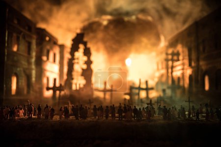 Photo for Nuclear war apocalypse concept. Explosion of nuclear bomb in city. Cemetery on ruined city street. Creative artwork decoration in dark. Selective focus - Royalty Free Image