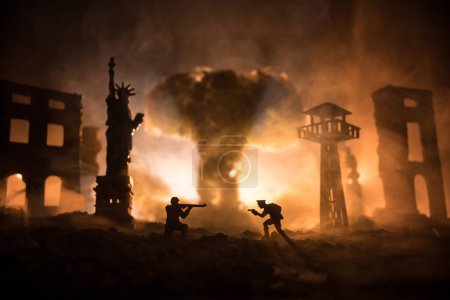 Téléchargez les photos : Conceptual image of war between Democracy and dictatorship using toy soldiers. Battle in ruined city. Selective focus - en image libre de droit