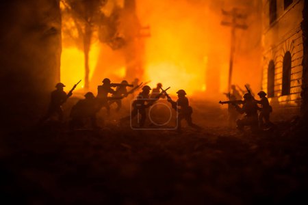 Photo for Army sniper with large caliber rifle standing in the fire and smoke. War Concept. Battle scene on war fog sky background, Fighting silhouettes Below Cloudy Skyline at night. City destroyed by war - Royalty Free Image