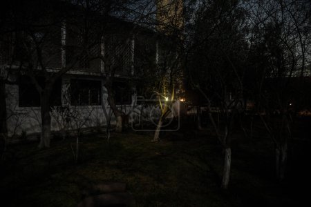 Téléchargez les photos : Vieille maison avec un fantôme dans la forêt la nuit ou maison d'horreur hantée abandonnée dans le brouillard. Ancien bâtiment mystique dans la forêt d'arbres morts. Arbres la nuit avec la lune. Des lumières surréalistes. Horreur concept Halloween - en image libre de droit