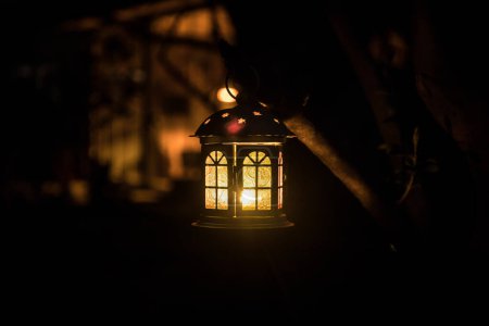 Téléchargez les photos : Belle lampe lumineuse colorée dans le jardin dans la nuit brumeuse. Lanterne de style rétro la nuit en plein air. Concentration sélective - en image libre de droit