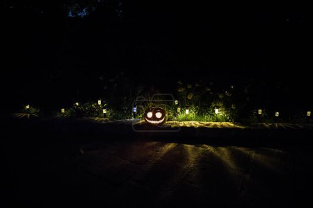Photo for Pumpkin Burning In Forest at night. Scary Jack o Lantern smiling and glowing pumpkin with dark toned foggy background. Selective focus - Royalty Free Image