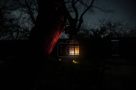 Téléchargez les photos : Belle lampe lumineuse colorée dans le jardin dans la nuit brumeuse. Lanterne de style rétro la nuit en plein air. Concentration sélective - en image libre de droit