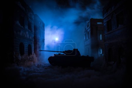 Foto de War apocalypse concept. Snow covered ruined city destroyed by war. Creative artwork decoration in dark. Selective focus - Imagen libre de derechos