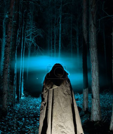 Foto de Una sola chica en el bosque por la noche. Concepto de Halloween de horror. Silueta de mujer en bosque de pino oscuro. Disparo de larga exposición. - Imagen libre de derechos