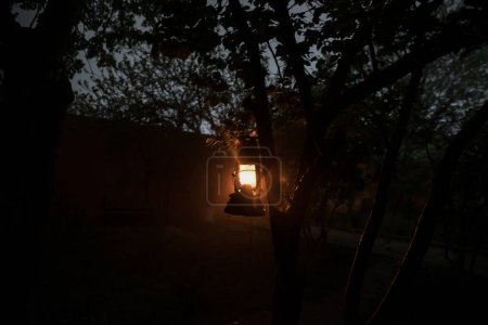 Foto de Hermosa lámpara iluminada de colores en el jardín en la noche brumosa. Linterna de estilo retro en la noche al aire libre. Enfoque selectivo - Imagen libre de derechos