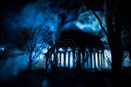 Téléchargez les photos : Silhouette de personne debout dans la forêt sombre avec de la lumière. Horreur concept d'Halloween. étrange silhouette dans un village sombre et effrayant - en image libre de droit