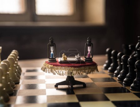 Foto de Tablero de ajedrez con miniatura de mesa en tablero de ajedrez. Juego de mesa de ajedrez concepto de ideas de negocio, competencia y estrategia. Ajedrez jugando concepto de ajedrez. Enfoque selectivo - Imagen libre de derechos