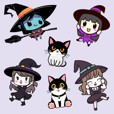 Ilustración de Lindas brujas y gatos conjunto de pegatinas - Imagen libre de derechos